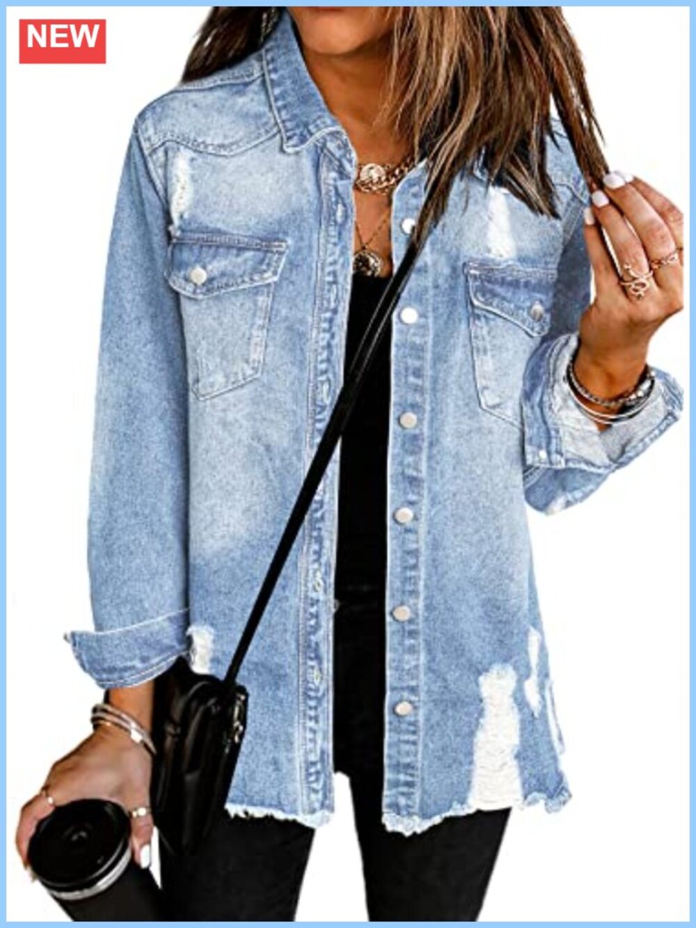 Oversized Distressed Boyfriend Denim Jacket with Functional Pockets